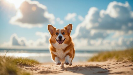 Energetic purebred Pembroke Welsh Corgi enjoying a sunny summer day at the beach.