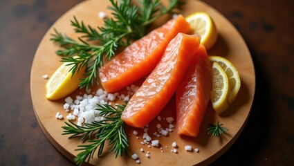 Aerial view of fresh salmon fillets, lemon wedges, sea salt, and tarragon arranged on a wooden platter against a dark backdrop.