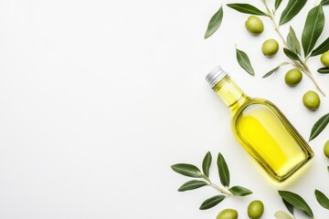 olive oil bottle  surrounded by fresh olives and green leaves on white background. Mediterranean cuisine, sustainable oil promotes, healthy lifestyle. copy space