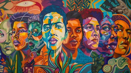 Vibrant Mural Depicting Diverse Women in Colorful Abstract Art Style