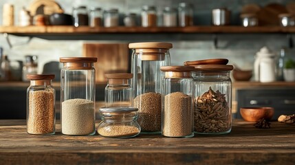 Rustic Kitchen Table Display with Glass Jars Filled with Various Ingredients