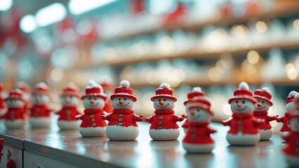 A collection of small snowman figurines dressed in red outfits displayed on a store counter. The image captures a vertical angle with a bokeh background and a close-up view.
