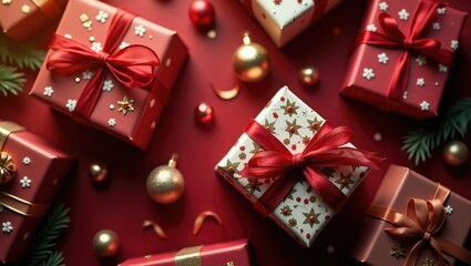 Bird's eye view of festive presents adorned with red ribbons on a deep red table with ample space.