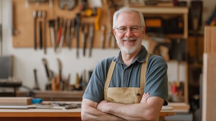 Experienced mechanic standing confidently in workshop with tools and workbench behind