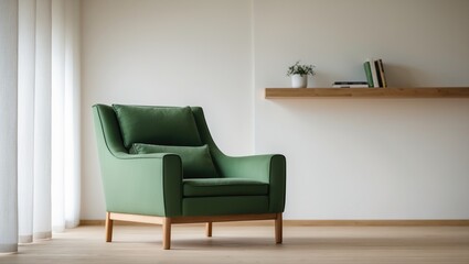 Green upholstered chair and bookshelf in a bright living area with a light backdrop.