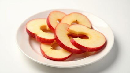 Sliced red apple pieces arranged on a white dish.