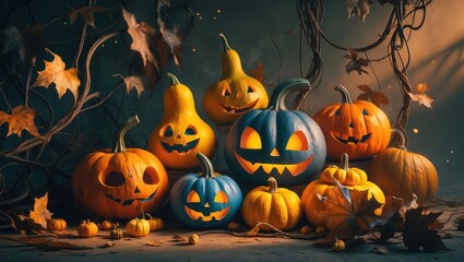 Anime-style pumpkins, squash, and gourds decorated for Halloween and Thanksgiving, featuring various symbols and characters.