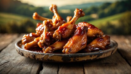Homemade succulent BBQ chicken lollipop wings with visible bones served on a rustic plate against a blurred countryside backdrop, horizontal perspective, close-up shot.