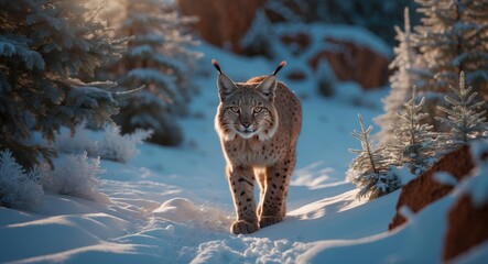 Eurasian lynx (Lynx lynx) walking through fresh snow with its paw prints visible in the Western Tatras.