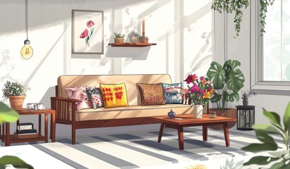 Cozy living room with sunlight streaming in, featuring a sofa, coffee table, plants, and artwork.