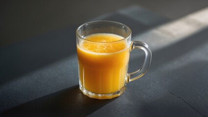 Partial glass mug containing orange, pineapple, or mango juice sits on a dark surface. Space available for text. Close-up view.