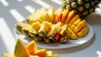freshly sliced pineapple, papaya, and mango arranged on a plate in detail