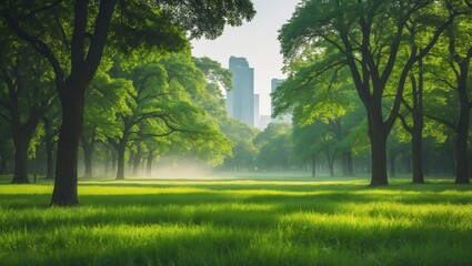 Obraz premium Lush forested area in an urban park showcasing a vibrant grassy landscape