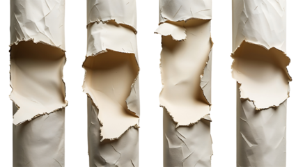 Torn paper strips with textured edges and layered parchment in beige tones, abstract paper art with organic shapes and shadows, isolated on transparent background