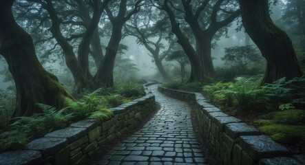 cobblestone pathway winding through a misty forest with trees
