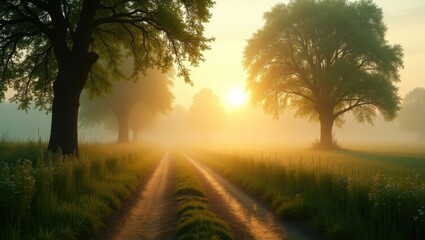 serene countryside landscape during summer featuring lush trees and a dirt path at sunrise. Charming early spring natural scenery with blossoming trees and plants