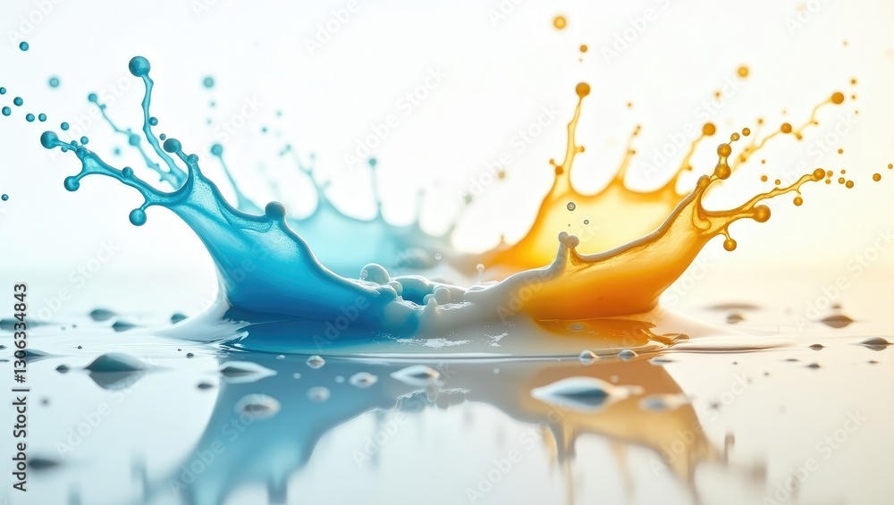 Poster impacts of colorful liquids creating splashes. a white foam appears when the light blue and gold liq