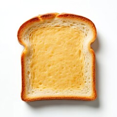 Top view close-up of sliced lightly toasted bread isolated on white. Piece of bread, light brown crispy crust, porous texture. Fresh toast for breakfast or sandwich.
