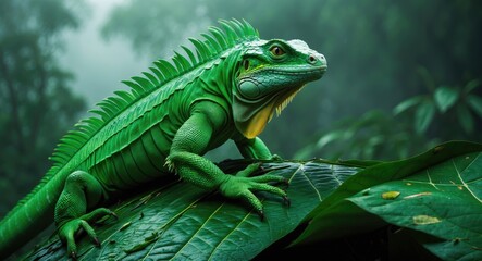 Green iguana resting on leafy canopy in Ecuador, South America. Iguana, Iguanidae.