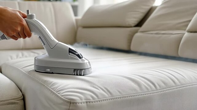 Steam cleaning a white sofa to remove dirt