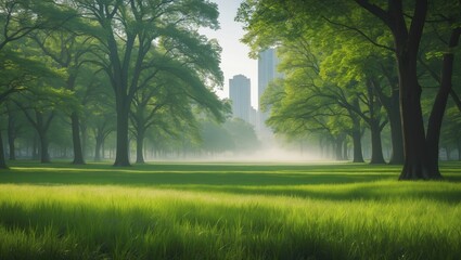 Obraz premium Verdant forest within an urban park showcasing a lush meadow landscape.