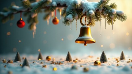 Bird's-eye view of a golden bell hanging from a pine branch decorated for the Christmas season, alongside colorful New Year ornaments against a gray backdrop.