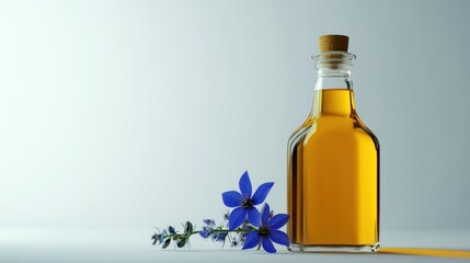 minimalist presentation of golden liquid in glass bottle adorned with delicate blue nigella flowers on a soft neutral backdrop