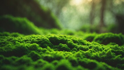 Mossy landscape in India on July 12, 2022, featuring a vibrant green texture and pattern resembling wallpaper.