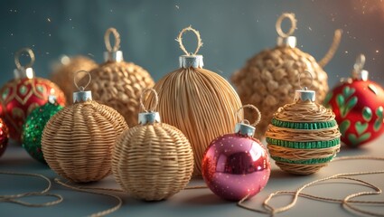 Neutral backdrop with straw decorative ornaments for the festive season and New Year.