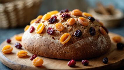 Rye bread made at home, yeast-free, featuring dried fruits
