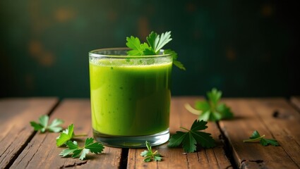 Herbal smoothie featuring parsley on a rustic wooden surface.