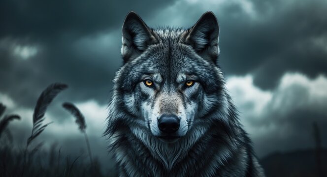 Wolf's face set against a brooding cloudy sky backdrop