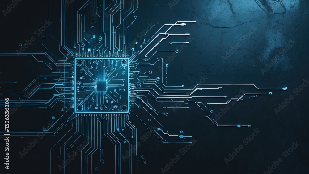 Fototapete to the right, a silhouette representing logical reasoning is crafted from electrified circuit board 