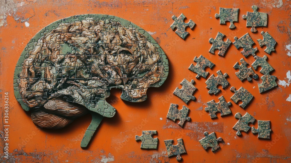 Poster human brain puzzle with missing pieces symbolizing memory loss on textured orange backdrop represent