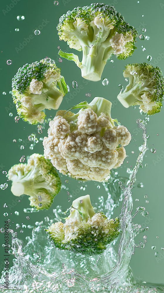 Poster Fresh broccoli and cauliflower splashing in water, showcasing vibrant colors and textures. dynamic and refreshing image of vegetables