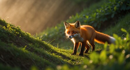 Fototapeta premium A young Red Fox is curiously wandering on a hill close to its den. West Seneca, New York, USA, May 9th, 2022.