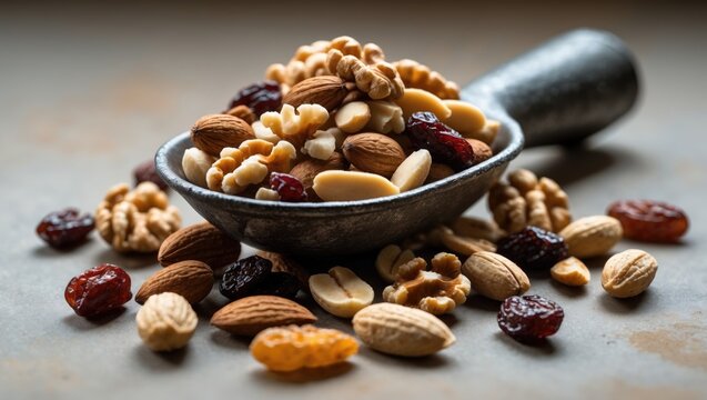 Nutritious trail mix featuring nuts (walnut, almond, peanut) and dried fruits (raisin, sultana) presented in an iron scoop (Selective Focus, Focus on one-third of the image)