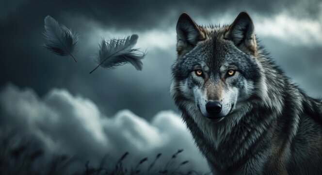 Wolf's head depicted against a backdrop of a turbulent sky