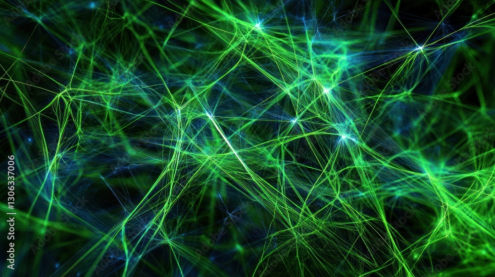 Poster entangled network of luminous green lines and nodes representing data flow connectivity or an advanc