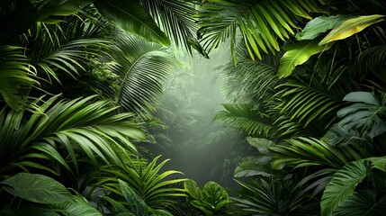 Lush Green Tropical Jungle Path with Sunlight and Fog