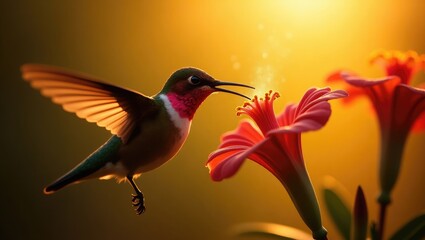 Fototapeta premium Silhouetted Hummingbird: A New Day of Delights as the Ruby-Throated Hummingbird Enjoys Her Morning Nectar