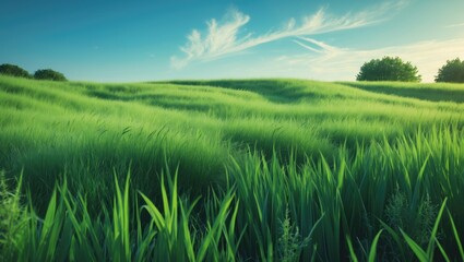 Fototapeta premium Lush, towering grass envelops the landscape. A vibrant outdoor depiction of a summer meadow in full bloom. Nature-focused photograph showcasing a clear blue sky.