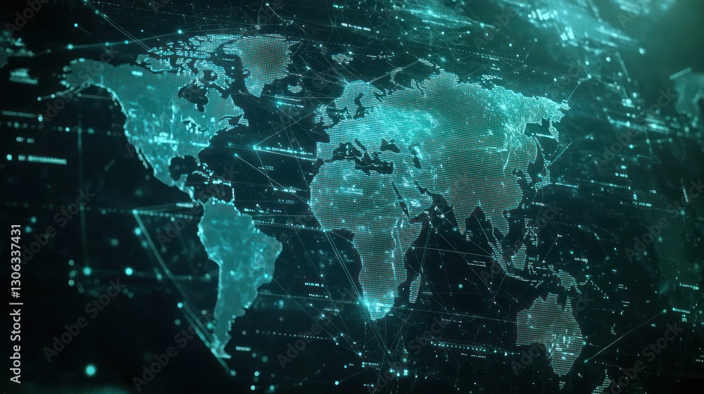 Poster futuristic digital world map with glowing connections symbolizing global network infrastructure and 