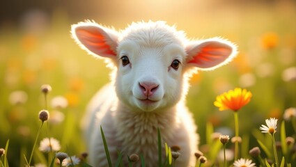 Obraz premium Lamb in a meadow gazing at the camera.