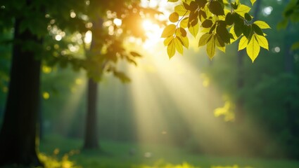 Sunlight filters through the foliage, creating soft spots on the ground. Tranquil summer ambiance with natural shadow patterns.