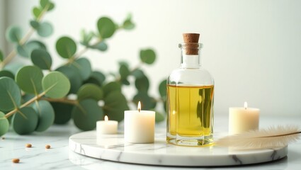 Spa setting featuring tea tree oil with candles and greenery on a light background.