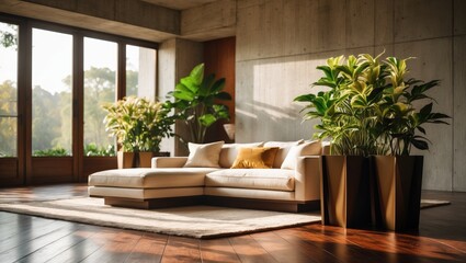 Fototapeta premium Design concept for an elegant concrete living area featuring hardwood flooring, a sofa, and decorative plants.