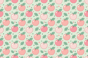 Pink apples with green leaf pastel color seamless repeat pattern