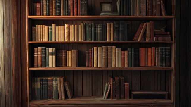 a meticulously arranged bookshelf featuring aged leather-bound books creating a warm ambiance ideal for study rooms and vintage styled library backdrops