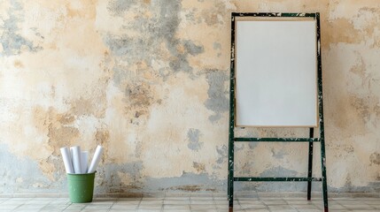 Blank Easel Stand with Empty Space on Grungy Wall Background